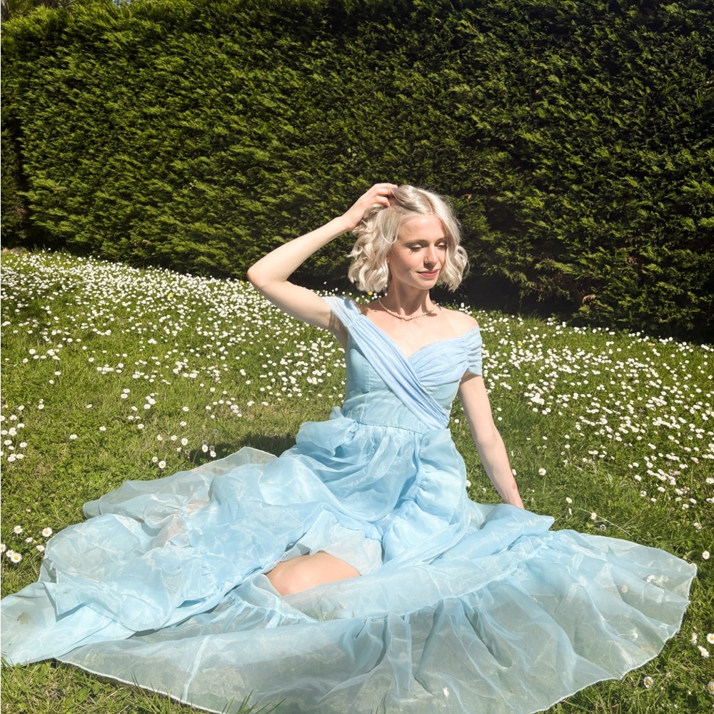 Luxe Blue Off-Shoulder Flutter Sleeve Gown